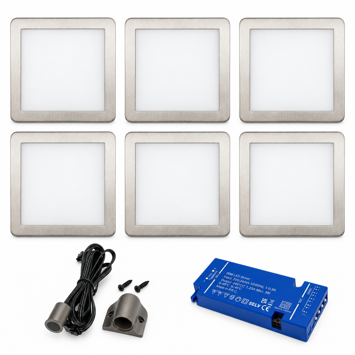 6x 24V Dimmable Aluminium Low Profile Square Surface Mounted LED Under Cabinet Light and Driver Kit, 3 White Colours