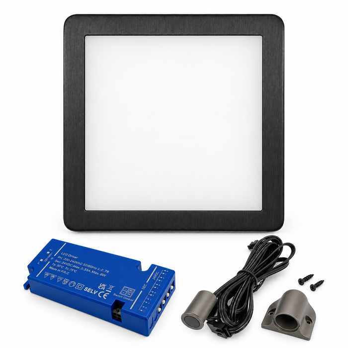 1x 24V Dimmable Black Low Profile Square Surface Mounted LED Under Cabinet Light and Driver Kit, 3 White Colours
