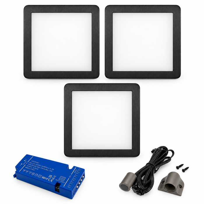 3x 24V Dimmable Black Low Profile Square Surface Mounted LED Under Cabinet Light and Driver Kit, 3 White Colours