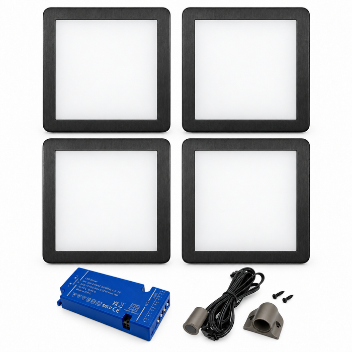 4x 24V Dimmable Black Low Profile Square Surface Mounted LED Under Cabinet Light and Driver Kit, 3 White Colours