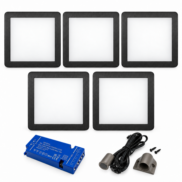 5x 24V Dimmable Black Low Profile Square Surface Mounted LED Under Cabinet Light and Driver Kit, 3 White Colours