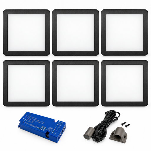 6x 24V Dimmable Black Low Profile Square Surface Mounted LED Under Cabinet Light and Driver Kit, 3 White Colours