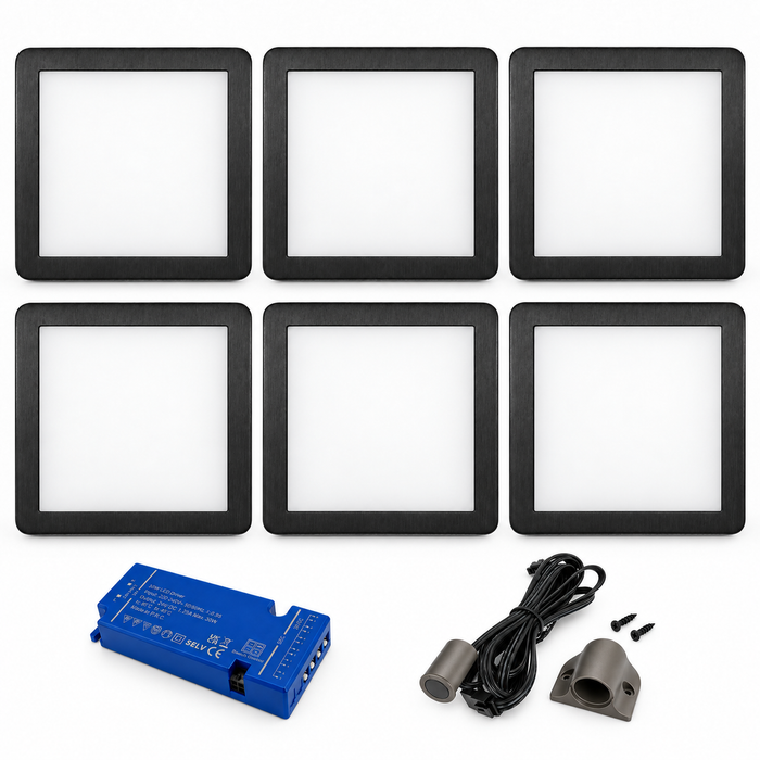 6x 24V Dimmable Black Low Profile Square Surface Mounted LED Under Cabinet Light and Driver Kit, 3 White Colours