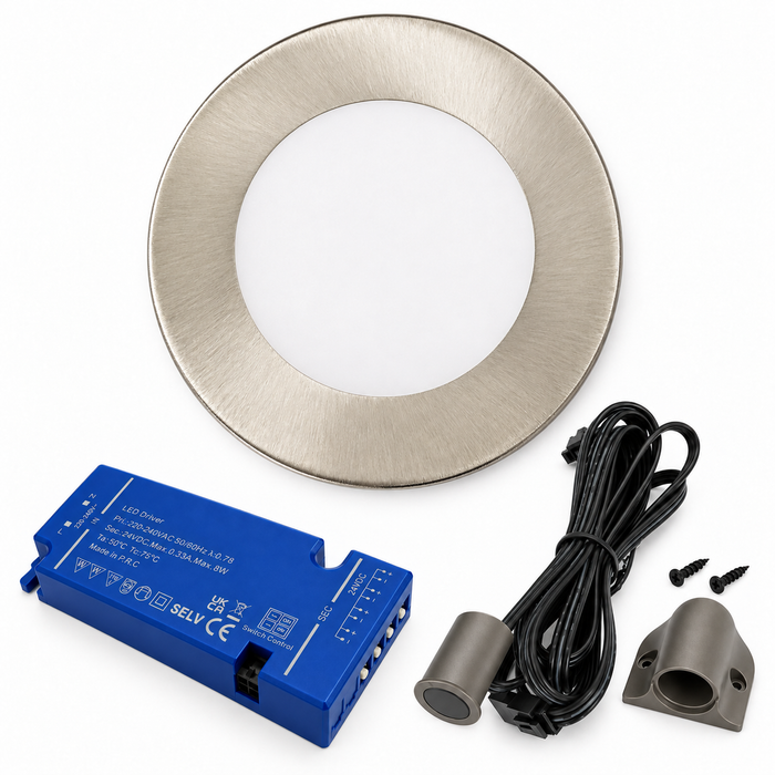 1x 24V Dimmable Aluminium Super Slim Round Surface Mounted LED Under Cabinet Light and Driver Kit, 3 White Colours