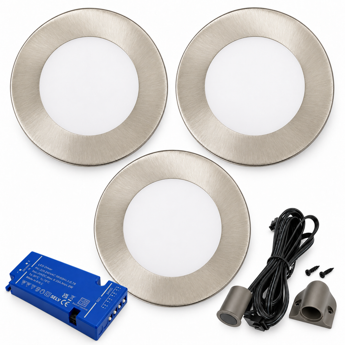 3x 24V Dimmable Aluminium Super Slim Round Surface Mounted LED Under Cabinet Light and Driver Kit, 3 White Colours