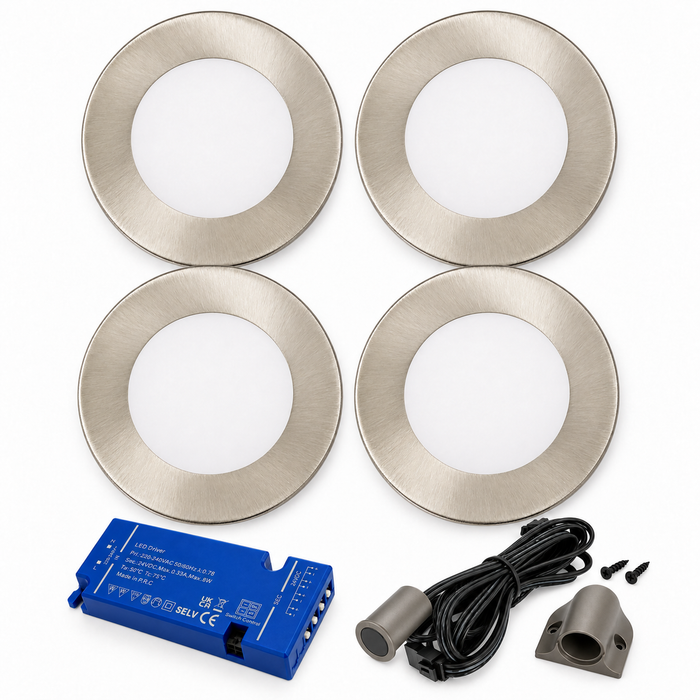 4x 24V Dimmable Aluminium Super Slim Round Surface Mounted LED Under Cabinet Light and Driver Kit, 3 White Colours