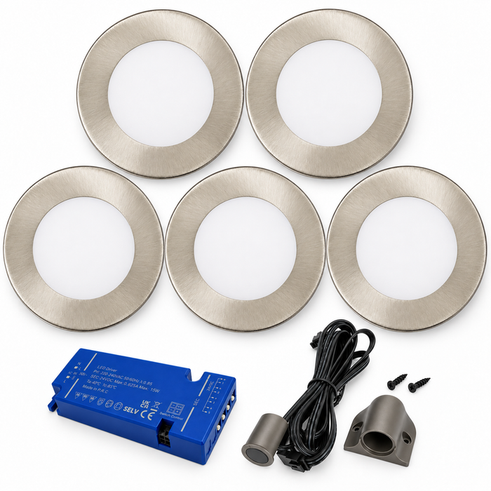 5x 24V Dimmable Aluminium Super Slim Round Surface Mounted LED Under Cabinet Light and Driver Kit, 3 White Colours