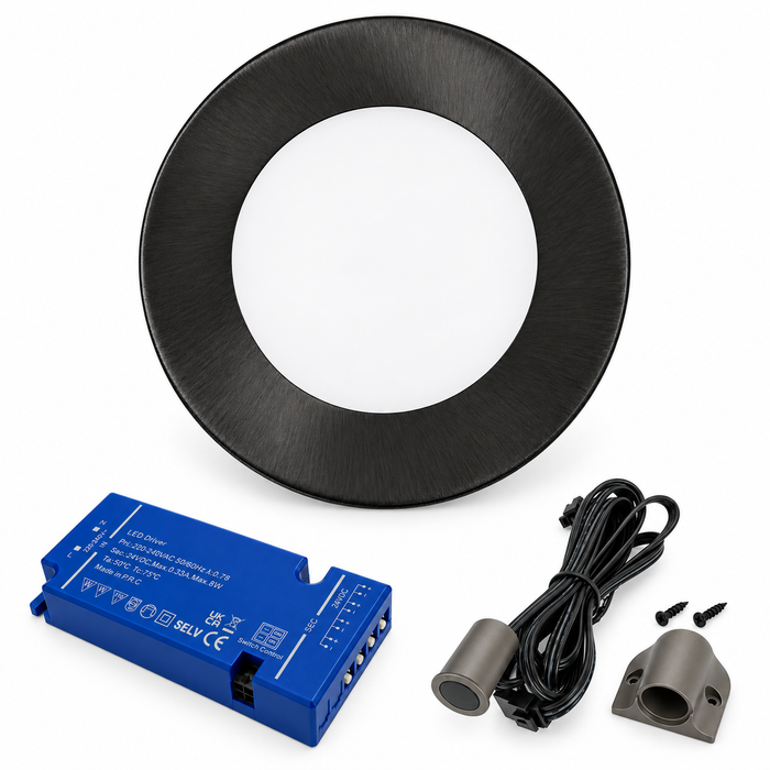 1x 24V Dimmable Black Super Slim Round Surface Mounted LED Under Cabinet Light and Driver Kit, 3 White Colours