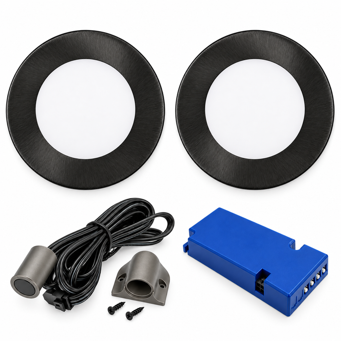 2x 24V Dimmable Black Super Slim Round Surface Mounted LED Under Cabinet Light and Driver Kit, 3 White Colours