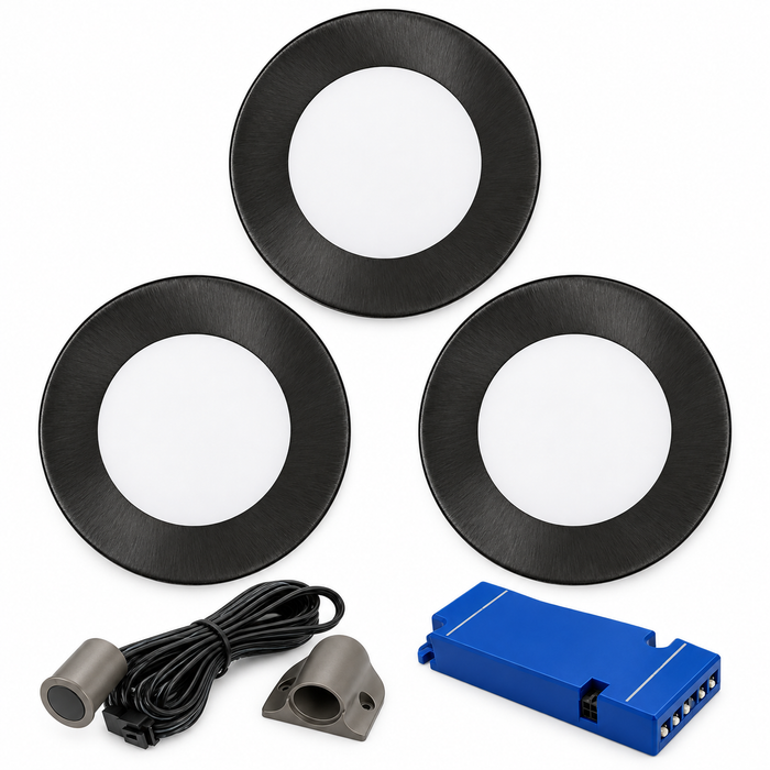 3x 24V Dimmable Black Super Slim Round Surface Mounted LED Under Cabinet Light and Driver Kit, 3 White Colours