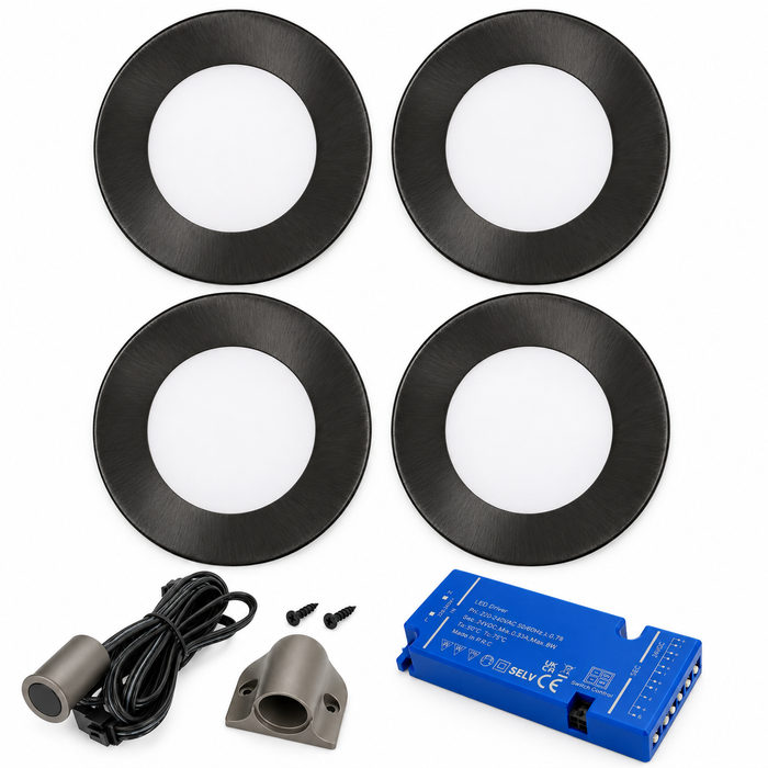 4x 24V Dimmable Black Super Slim Round Surface Mounted LED Under Cabinet Light and Driver Kit, 3 White Colours