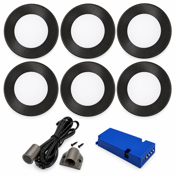 6x 24V Dimmable Black Super Slim Round Surface Mounted LED Under Cabinet Light and Driver Kit, 3 White Colours