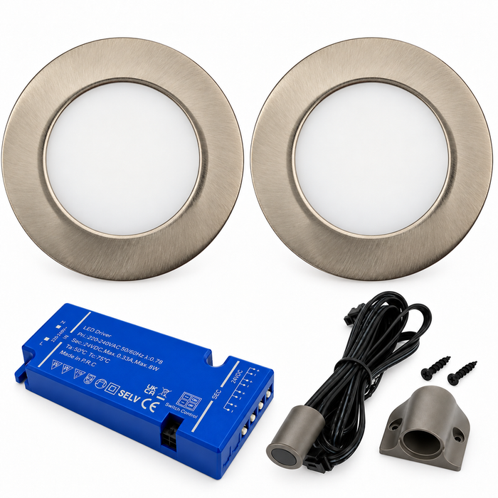 2x 24V Dimmable Aluminium Round Recessed LED Under Cabinet Light and Driver Kit, Cool White 6000K