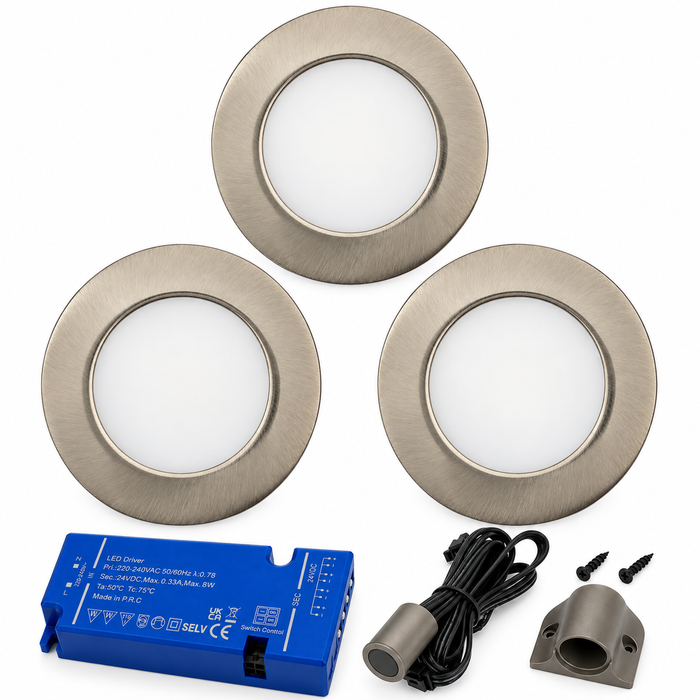 3x 24V Dimmable Aluminium Round Recessed LED Under Cabinet Light and Driver Kit, Cool White 6000K