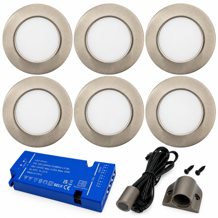 6x 24V Dimmable Aluminium Round Recessed LED Under Cabinet Light and Driver Kit, Natural White 4000K