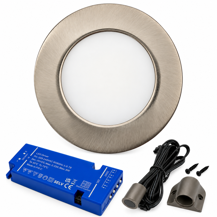 1x 24V Dimmable Aluminium Round Recessed LED Under Cabinet Light and Driver Kit, Warm White 3000K