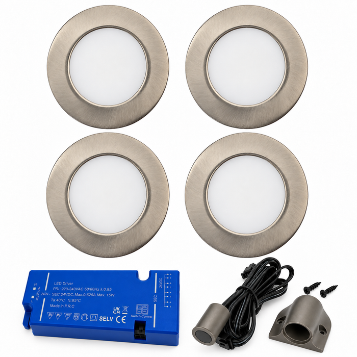 4x 24V Dimmable Aluminium Round Recessed LED Under Cabinet Light and Driver Kit, Warm White 3000K