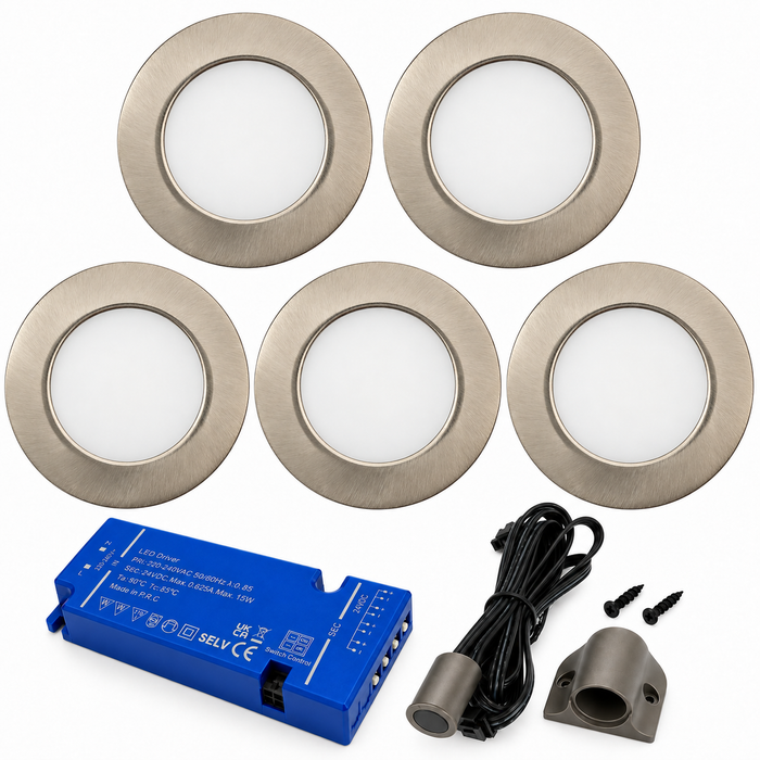 5x 24V Dimmable Aluminium Round Recessed LED Under Cabinet Light and Driver Kit, Warm White 3000K