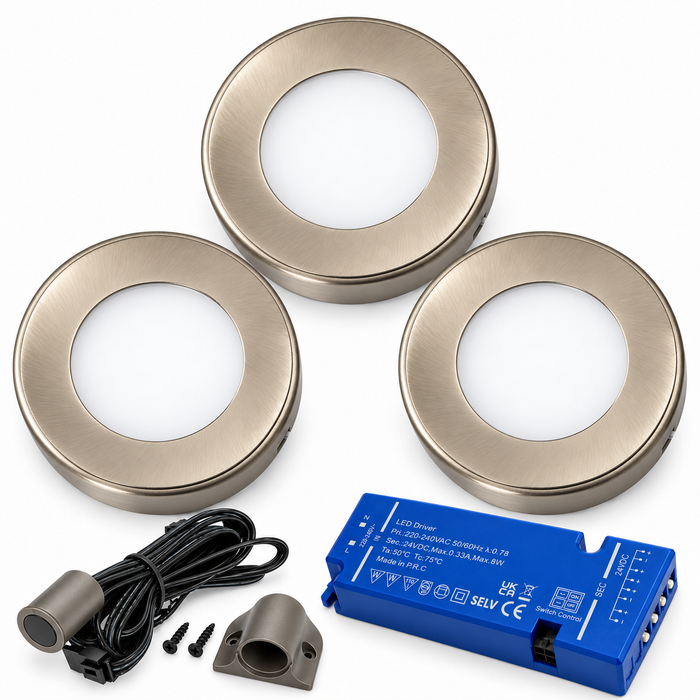 3x 24V Dimmable Aluminium Round Surface Mounted LED Under Cabinet Light and Driver Kit, Cool White 6000K