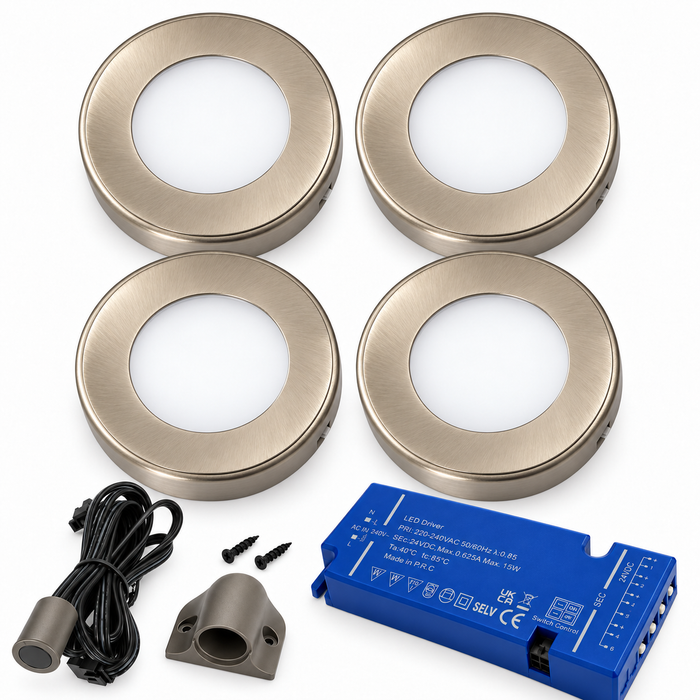 4x 24V Dimmable Aluminium Round Surface Mounted LED Under Cabinet Light and Driver Kit, Warm White 3000K