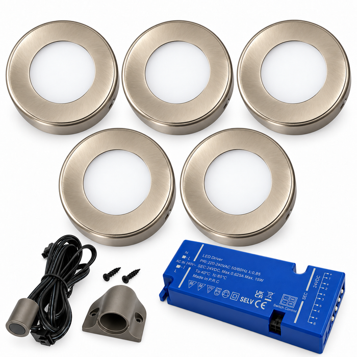 5x 24V Dimmable Aluminium Round Surface Mounted LED Under Cabinet Light and Driver Kit, Warm White 3000K
