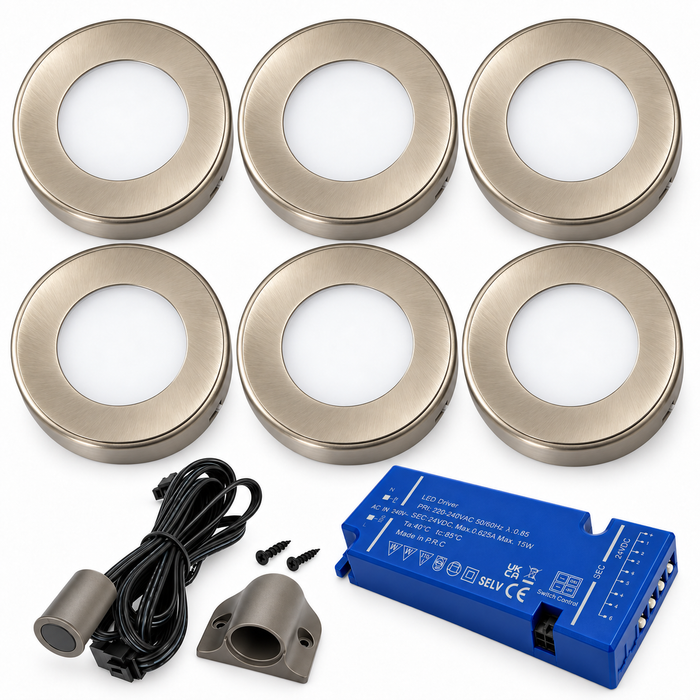6x 24V Dimmable Aluminium Round Surface Mounted LED Under Cabinet Light and Driver Kit, Warm White 3000K