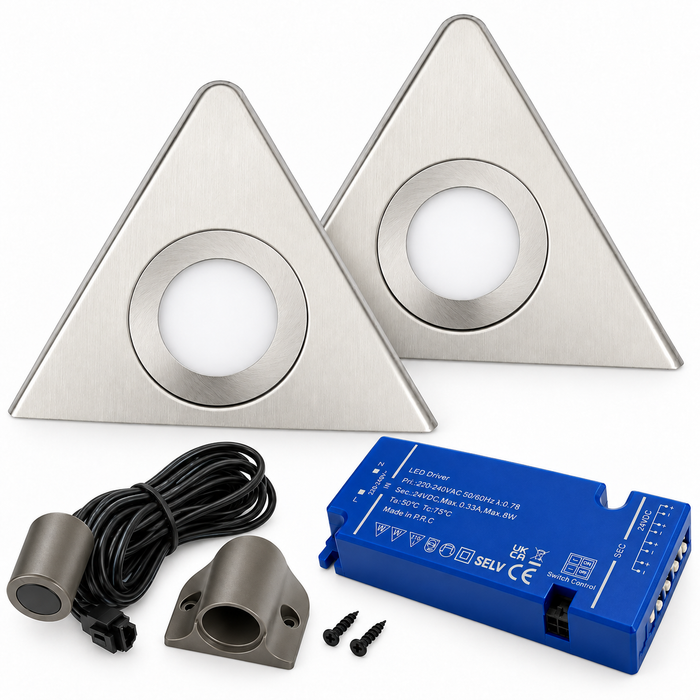 2x 24V Dimmable Aluminium Triangle Surface Mounted LED Under Cabinet Light and Driver Kit, Cool White 6000K