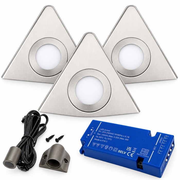 3x 24V Dimmable Aluminium Triangle Surface Mounted LED Under Cabinet Light and Driver Kit, Cool White 6000K