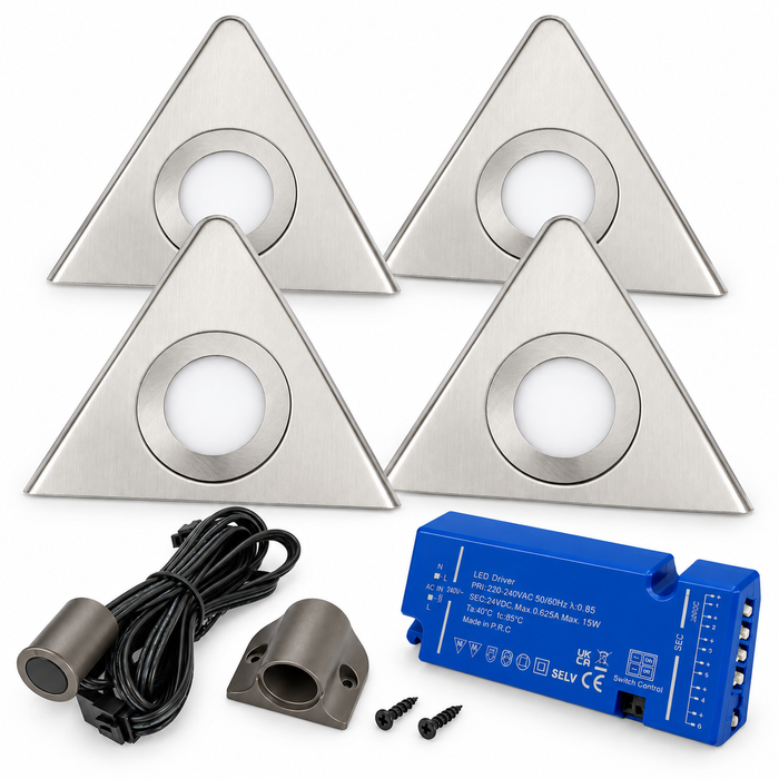 4x 24V Dimmable Aluminium Triangle Surface Mounted LED Under Cabinet Light and Driver Kit, Cool White 6000K