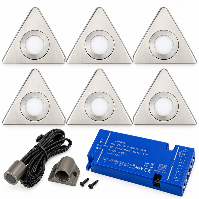 6x 24V Dimmable Aluminium Triangle Surface Mounted LED Under Cabinet Light and Driver Kit, Cool White 6000K