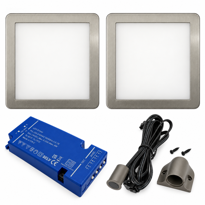 2x 24V Dimmable Aluminium Low Profile Square Surface Mounted LED Under Cabinet Light and Driver Kit, Cool White 6000K