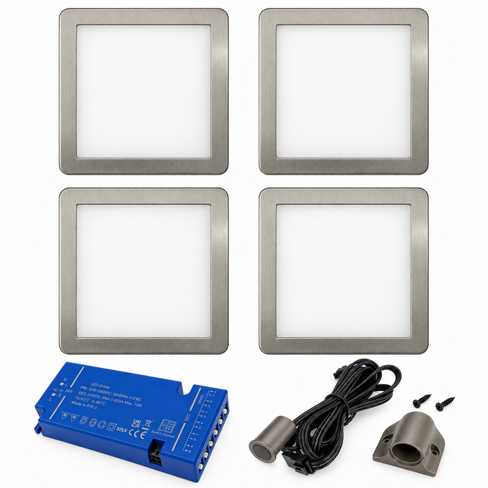 4x 24V Dimmable Aluminium Low Profile Square Surface Mounted LED Under Cabinet Light and Driver Kit, Cool White 6000K