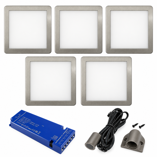 5x 24V Dimmable Aluminium Low Profile Square Surface Mounted LED Under Cabinet Light and Driver Kit, Cool White 6000K
