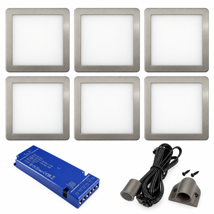 6x 24V Dimmable Aluminium Low Profile Square Surface Mounted LED Under Cabinet Light and Driver Kit, Cool White 6000K