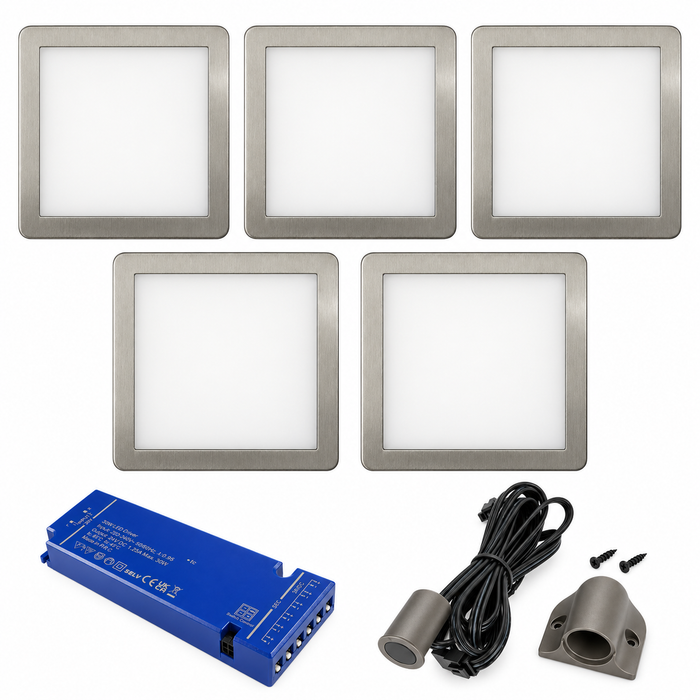 5x 24V Dimmable Aluminium Low Profile Square Surface Mounted LED Under Cabinet Light and Driver Kit, Natural White 4000K