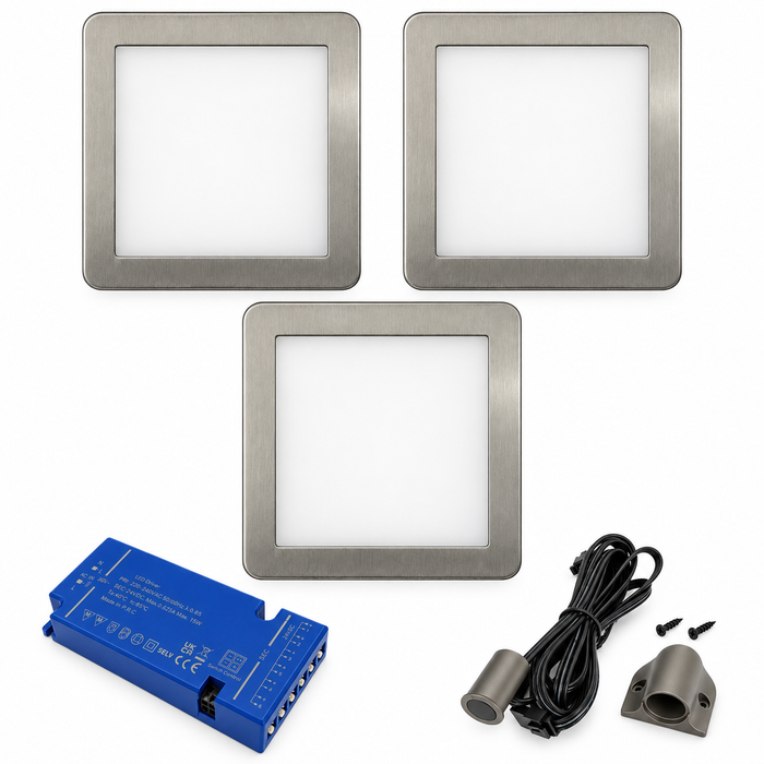 3x 24V Dimmable Aluminium Low Profile Square Surface Mounted LED Under Cabinet Light and Driver Kit, Warm White 3000K