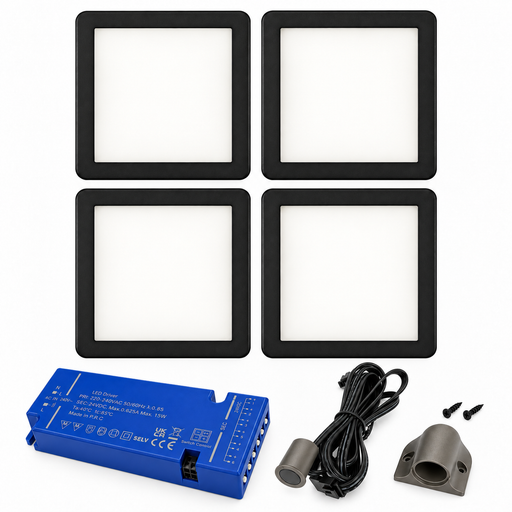 4x 24V Dimmable Black Low Profile Square Surface Mounted LED Under Cabinet Light and Driver Kit, Cool White 6000K