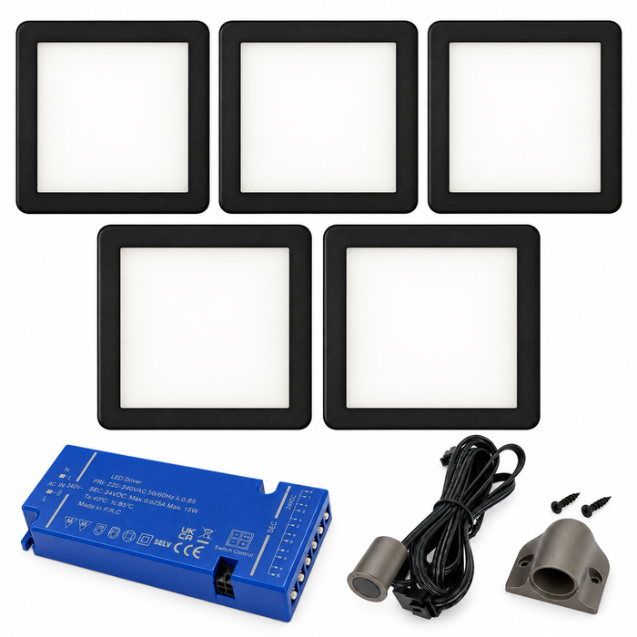 5x 24V Dimmable Black Low Profile Square Surface Mounted LED Under Cabinet Light and Driver Kit, Natural White 4000K