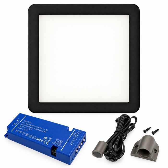 1x 24V Dimmable Black Low Profile Square Surface Mounted LED Under Cabinet Light and Driver Kit, Warm White 3000K