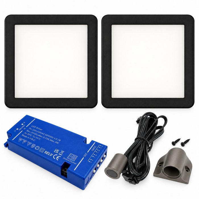 2x 24V Dimmable Black Low Profile Square Surface Mounted LED Under Cabinet Light and Driver Kit, Warm White 3000K