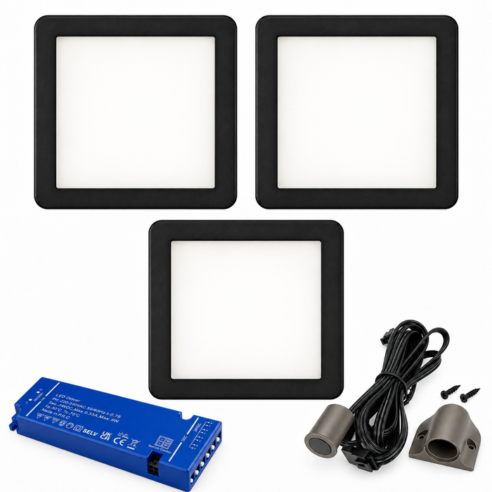 3x 24V Dimmable Black Low Profile Square Surface Mounted LED Under Cabinet Light and Driver Kit, Warm White 3000K