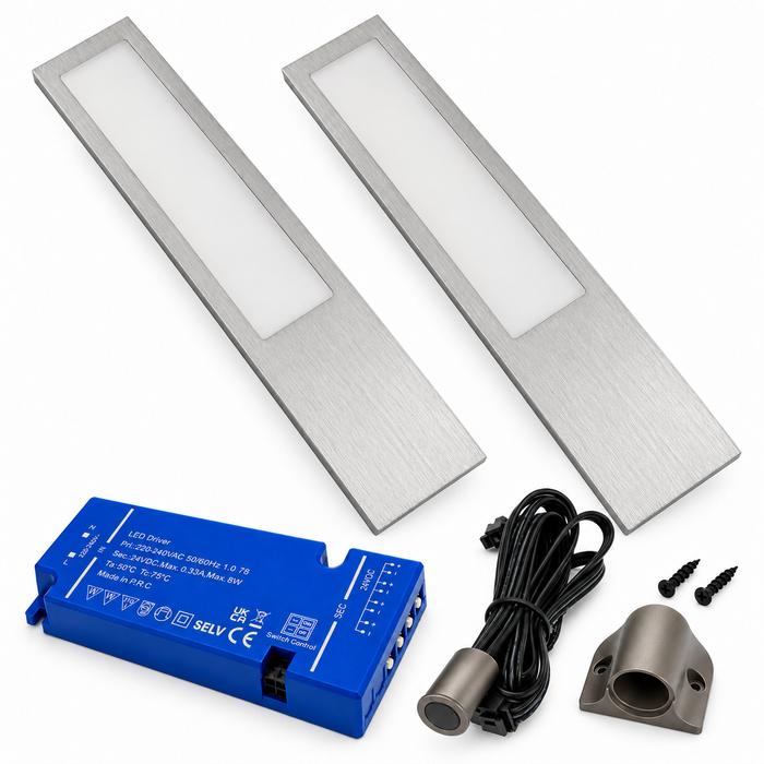2x 24V Dimmable Aluminium 200mm Super Slim Rectangle Surface Mounted LED Under Cabinet Light and Driver Kit, Cool White 6000K