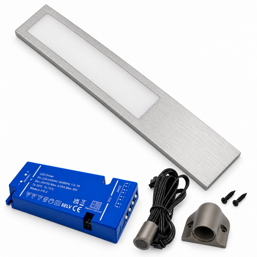 1x 24V Dimmable Aluminium 200mm Super Slim Rectangle Surface Mounted LED Under Cabinet Light and Driver Kit, Natural White 4000K