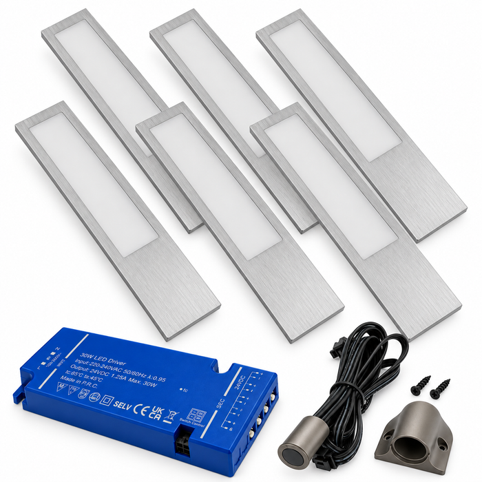 6x 24V Dimmable Aluminium 200mm Super Slim Rectangle Surface Mounted LED Under Cabinet Light and Driver Kit, Natural White 4000K