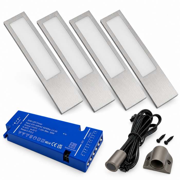 4x 24V Dimmable Aluminium 200mm Super Slim Rectangle Surface Mounted LED Under Cabinet Light and Driver Kit, Warm White 3000K