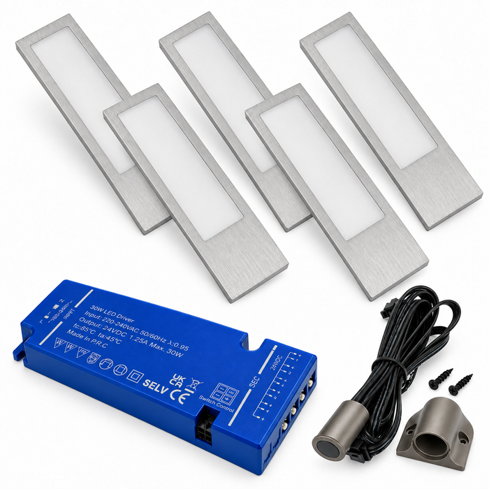 5x 24V Dimmable Aluminium 200mm Super Slim Rectangle Surface Mounted LED Under Cabinet Light and Driver Kit, Warm White 3000K