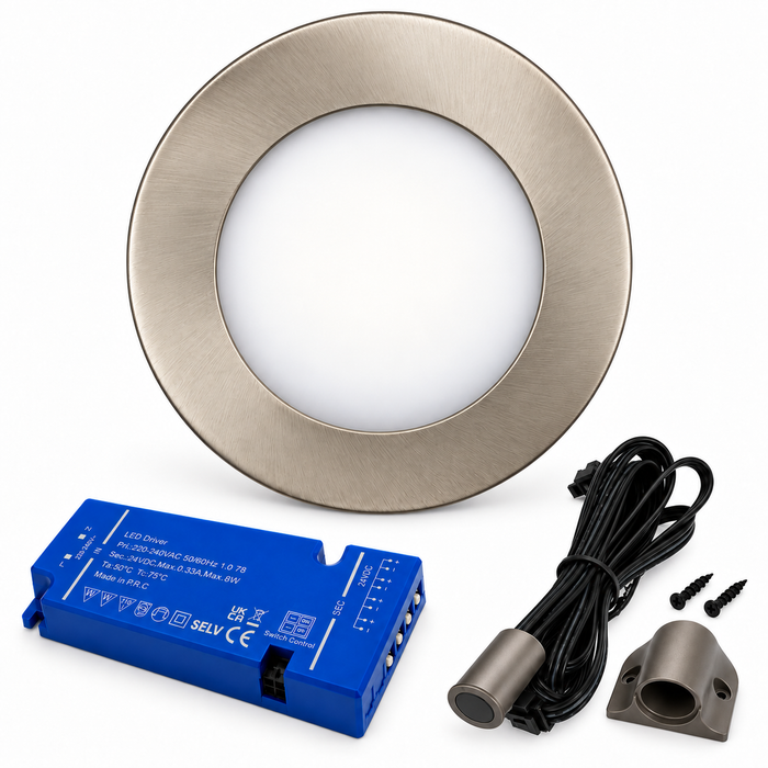 1x 24V Dimmable Aluminium Super Slim Round Surface Mounted LED Under Cabinet Light and Driver Kit, Cool White 6000K
