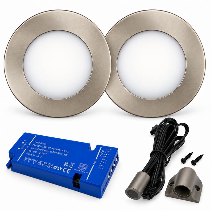 2x 24V Dimmable Aluminium Super Slim Round Surface Mounted LED Under Cabinet Light and Driver Kit, Natural White 4000K