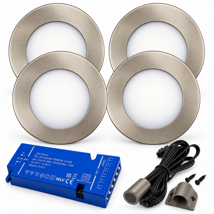4x 24V Dimmable Aluminium Super Slim Round Surface Mounted LED Under Cabinet Light and Driver Kit, Natural White 4000K