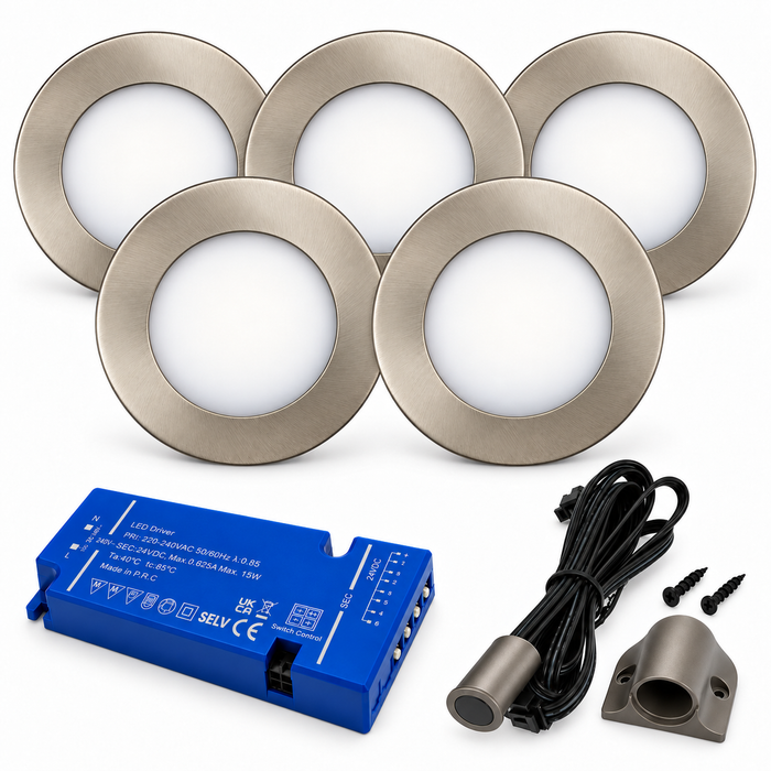 5x 24V Dimmable Aluminium Super Slim Round Surface Mounted LED Under Cabinet Light and Driver Kit, Natural White 4000K
